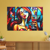 抽象芸術絵を描のキャンバスでワインを楽しむ女性 キャンバスプリント (インサイチュ (リビング))