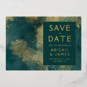 抽象芸術絵を描のティール(緑がかった色)金ゴールド結婚式日付を保存 箔招待状 (正面)