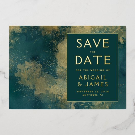 抽象芸術絵を描のティール(緑がかった色)金ゴールド結婚式日付を保存 箔招待状 (正面)