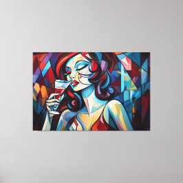 抽象芸術絵を描の女性がワインのキャンバス印刷を飲む キャンバスプリント
