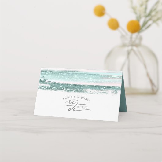 抽象芸術絵を描ストロ結婚ークのテーブルティール(緑がかった色)ID886 プレイスカード (裏面)