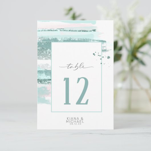 抽象芸術絵を描ストロ結婚ークのテーブルティール（緑がかった色）ID886 招待状 (スタンド正面)