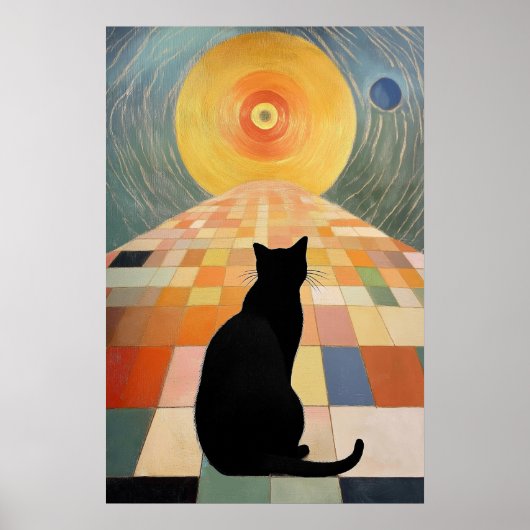 抽象芸術絵を描ネコ – Black Cat and Sun ポスター (正面)