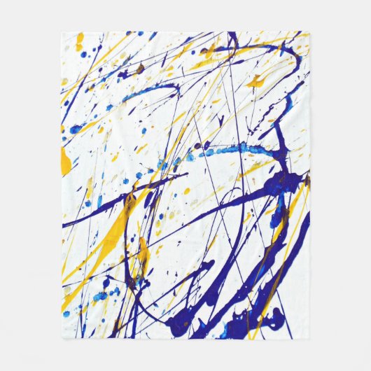 抽象芸術絵を描ブルーと金ゴールド（ばちゃばちゃ）跳ねる フリースブランケット (正面)
