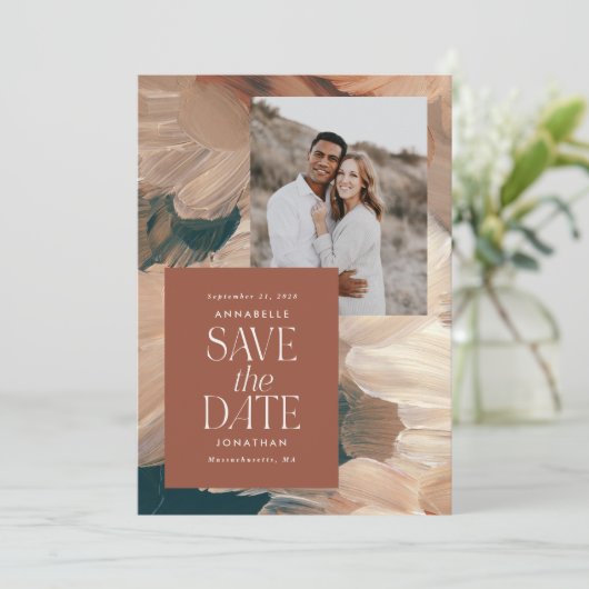 抽象芸術絵を描モダンティール（緑がかった色）テラコッタチック写真 招待状 (スタンド正面)