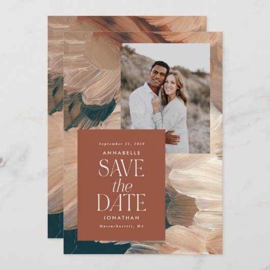 抽象芸術絵を描モダンティール（緑がかった色）テラコッタチック写真 招待状 (正面/裏面)