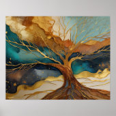 抽象芸術絵を描ランドスケープ金ゴールドさびブルーツリー ポスター (正面)