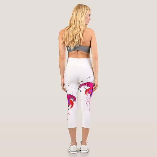 抽象芸術絵を描（ばちゃばちゃ）跳ねる明るい赤紫色の花 カプリレギンス (裏面)