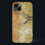 抽象芸術絵画のシルエットの背景 iPhone 13ケース<br><div class="desc">このジェニファー・ゴルdbergerの背景絵画は、フォークの亀裂が入ったテーブルのように見える。白い花の抽象芸術シルエットも絵を描あり、わずかに茶色の背景を覆っている。</div>