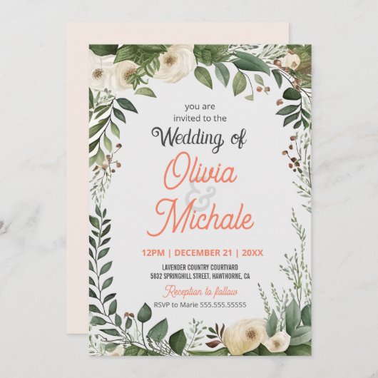 抽象芸術絵画のフローラ結婚の緑の枠 招待状 (正面/裏面)