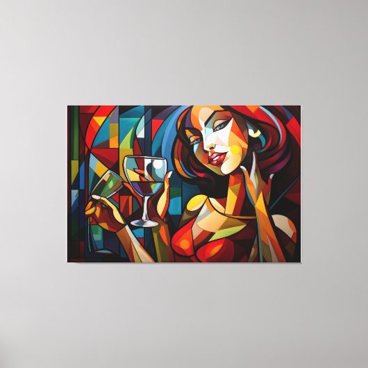 抽象芸術絵画のワイングラスを持つ女性 キャンバスプリント (正面)