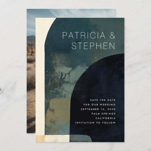 抽象芸術絵画の写真のアーチ形ミニマル結婚の セーブザデート (正面/裏面)