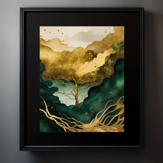 抽象芸術絵画の金ゴールド緑 ポスター