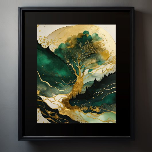 抽象芸術絵画の金ゴールド緑 ポスター