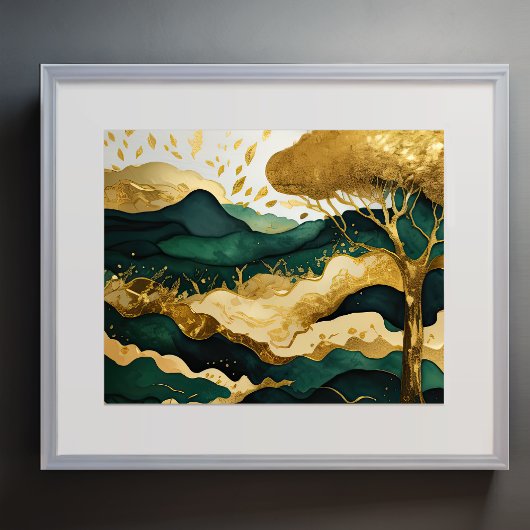抽象芸術絵画の金ゴールド緑 ポスター