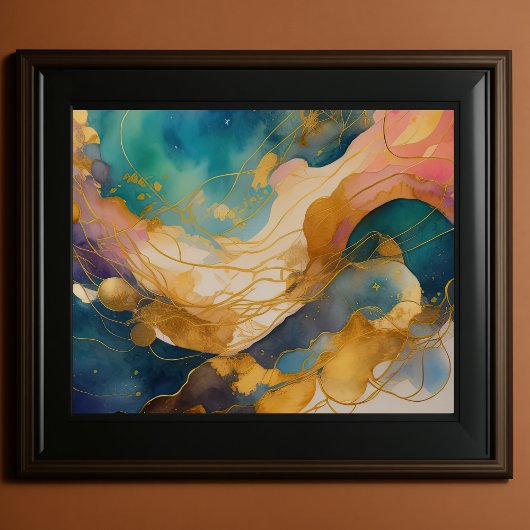抽象芸術絵画ランドスケープ金ゴールドピーチブルー ポスター