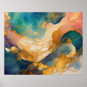 抽象芸術絵画ランドスケープ金ゴールドピーチブルー ポスター (正面)