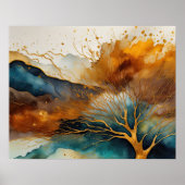抽象芸術絵画ランドスケープ金ゴールドラストブルー ポスター (正面)
