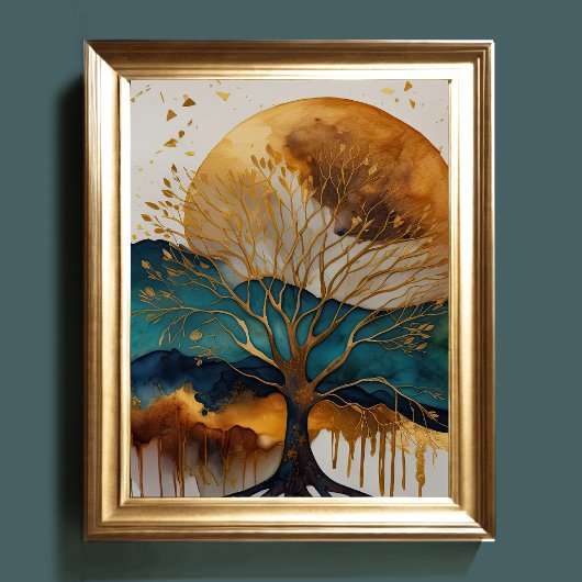 抽象芸術絵画ランドスケープ金ゴールドラストブルー ポスター