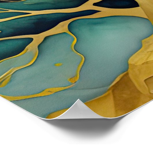 抽象芸術絵画横金ゴールドブルーグリーンII ポスター (角)