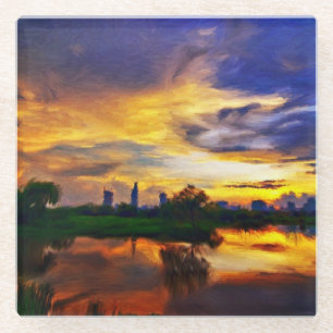 抽象芸術絵画色  サイゴンの夕日 ガラスコースター