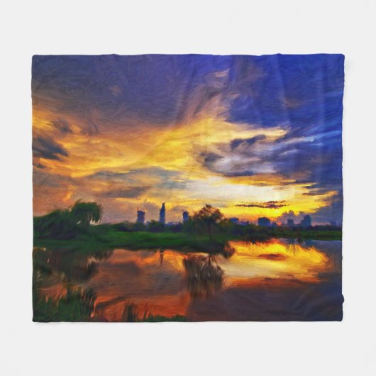抽象芸術絵画色 |サイゴンの夕日 フリースブランケット (正面(横))