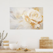 抽象芸術絵画 – 白いバラと金ゴールドの背景 ポスター (キッチン)