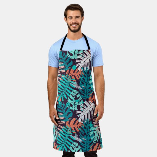 抽象芸術継ぎ目のない熱葉帯のパターン。クレアティフ エプロン (着用した状態)