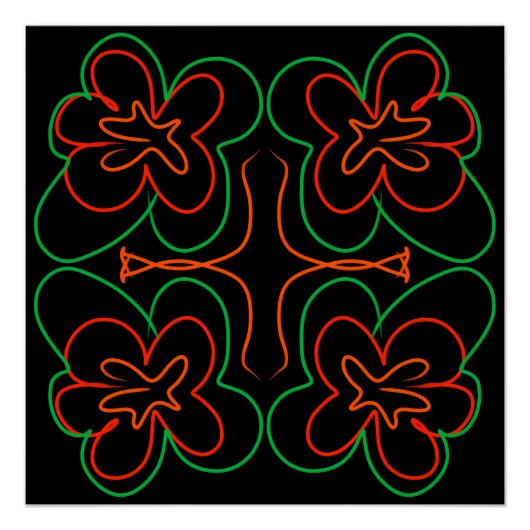 抽象芸術緑とオレンジ色の花デザイン ポスター (正面)