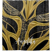 抽象芸術線の黒と金ゴールドパーソナライズされた名 シャワーカーテン (正面)