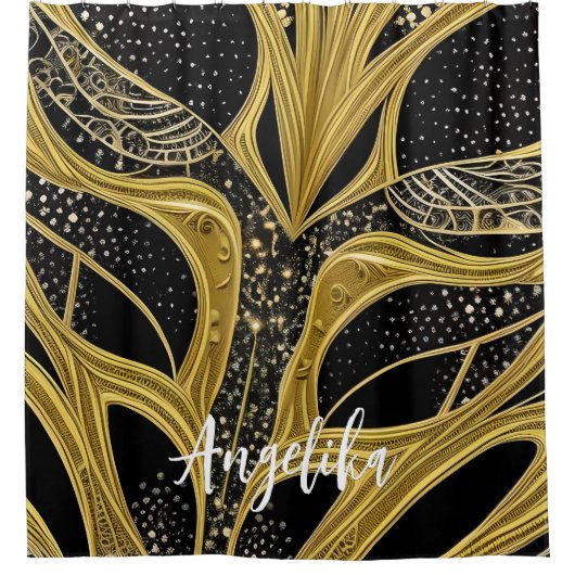 抽象芸術線の黒と金ゴールドパーソナライズされた名 シャワーカーテン (正面)