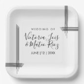 抽象芸術線白黒モダン結婚の ペーパープレート (正面)