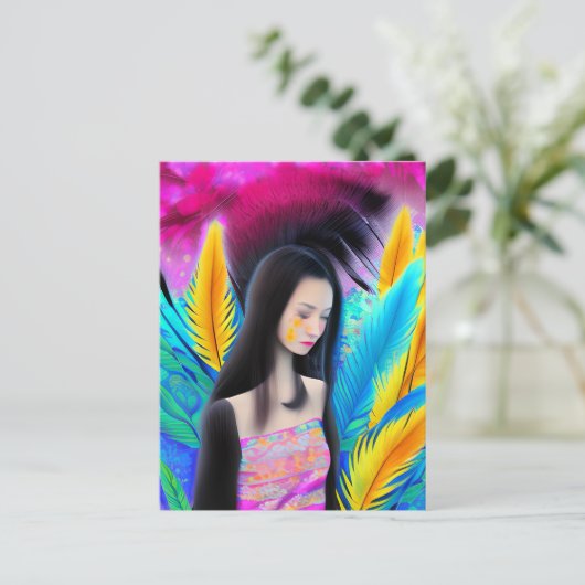 抽象芸術美しいが悲しいアジアガールカラフルAI ポストカード (スタンド正面)