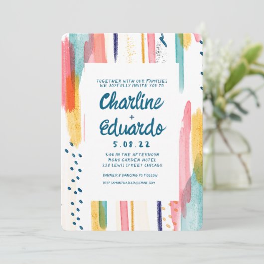 抽象芸術職人の結婚式の水の色のブカラフルラシ 招待状 (スタンド正面)
