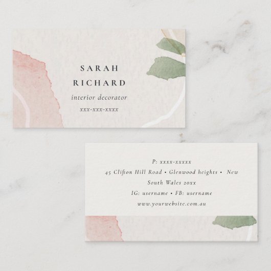 抽象芸術自然ピンクグリーン赤面水彩 名刺 (正面/裏面)