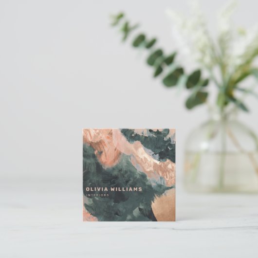 抽象芸術色彩の鮮やかグアッシュグリーン赤面ソーシャルメディア スクエア名刺 (スタンド正面)