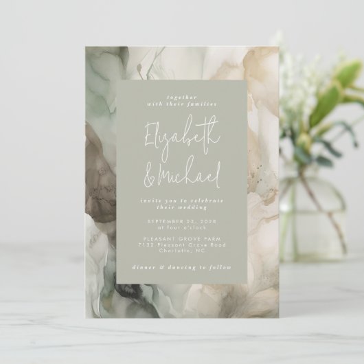 抽象芸術色彩の鮮やかモダンセージグ結婚リーン 招待状 (スタンド正面)