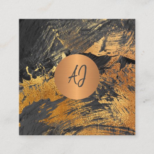 抽象芸術色彩の鮮やか金ゴールド黒モノグラムの スクエア名刺 (正面)