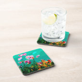 抽象芸術花ティール（緑がかった色）紫オレンジ コースター (右側)