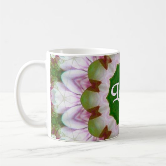 抽象芸術花マンダラと愛オプション文字 コーヒーマグカップ (左)