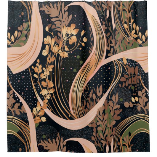 抽象芸術花柄、水玉模様、つる植物 シャワーカーテン (正面)