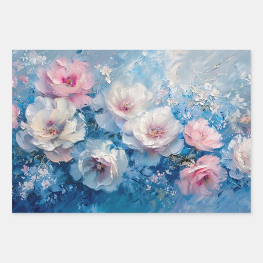 抽象芸術花模様ピンクブルーオイルペインティングデクページ ラッピングペーパーシート (正面3)