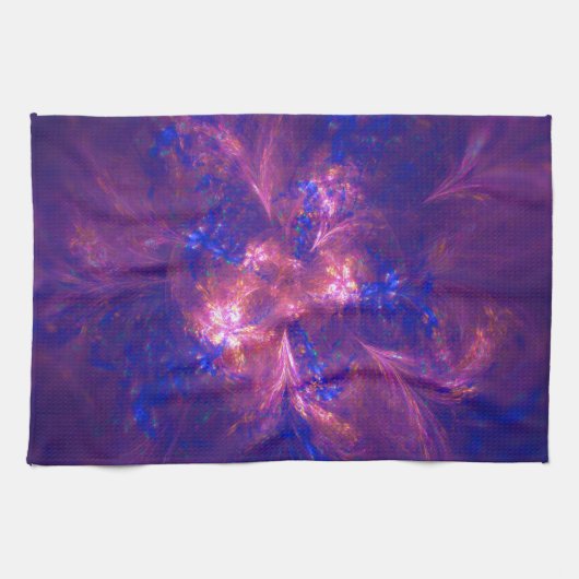 抽象芸術花淡紫と青模様のミックス キッチンタオル (横)