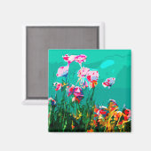 抽象芸術花磁石ピンクティール(緑がかった色)オレンジ マグネット (正面/裏面)