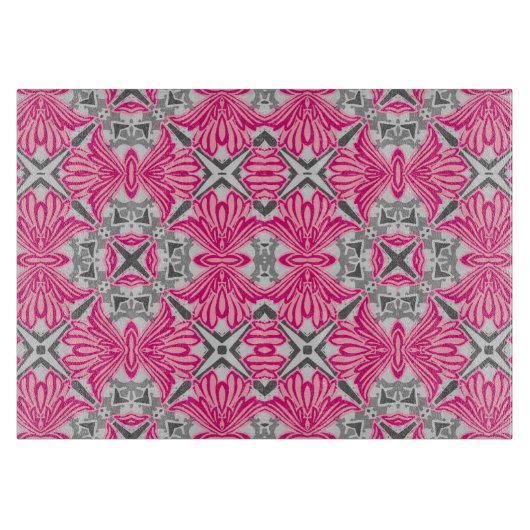 抽象芸術花花びら明るい赤紫色ピンクとグレー カッティングボード (正面)