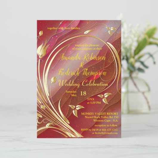 抽象芸術芸術品を気取った金ゴールドフラワーマゼンタ2023色 招待状 (スタンド正面)