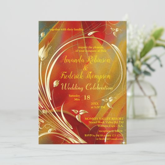 抽象芸術芸術品を気取った金ゴールドフラワーマゼンタ2023色Invite 招待状 (スタンド正面)