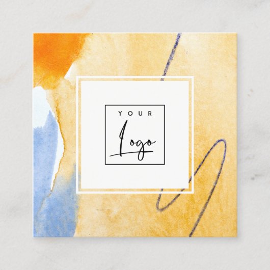抽象芸術芸術的イエローブルーウォーターカラーアートロゴ スクエア名刺 (正面)