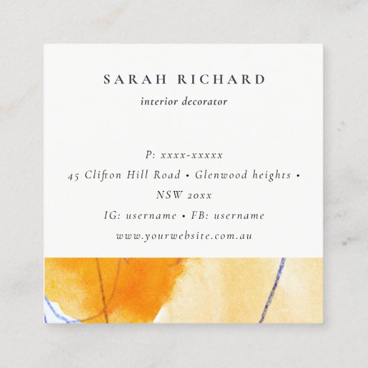 抽象芸術芸術的イエローブルーウォーターカラーアートロゴ スクエア名刺 (裏面)