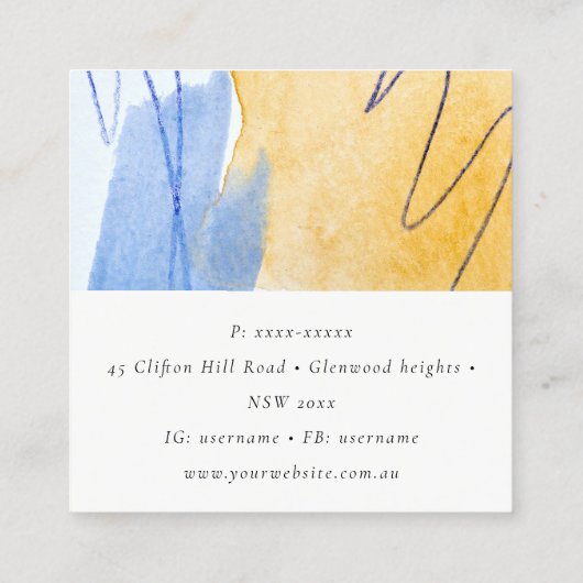 抽象芸術芸術的イエローブルーウォーターカラーアート スクエア名刺 (裏面)